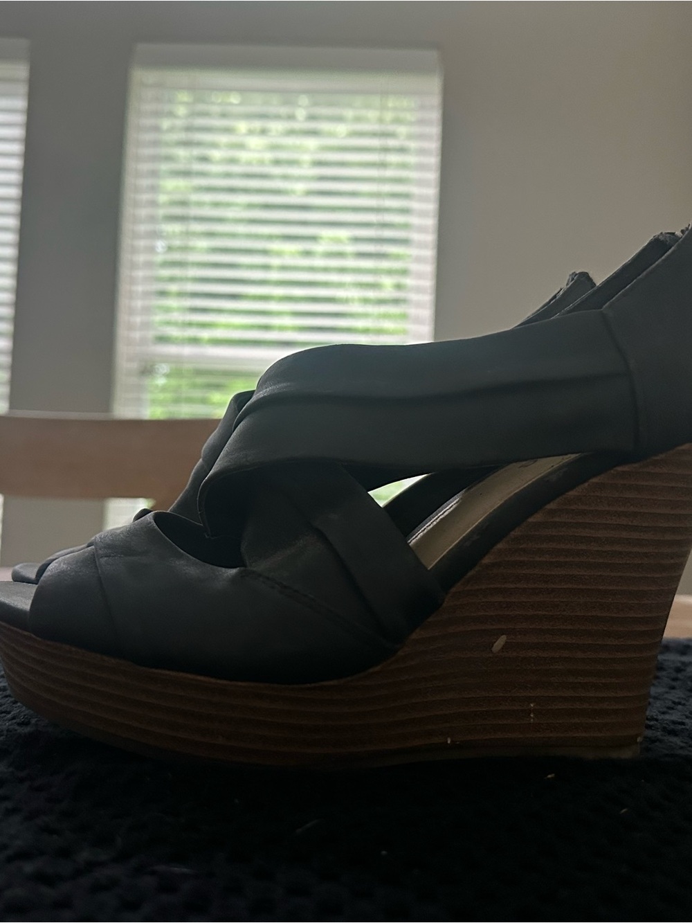 Maurices Black Strappy Wedge Sandals with Wood-Effect Platform